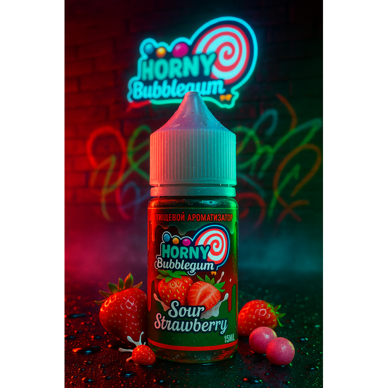 Фото и внешний вид — HORNY Bubblegum - SOUR STRAWBERRY 15мл
